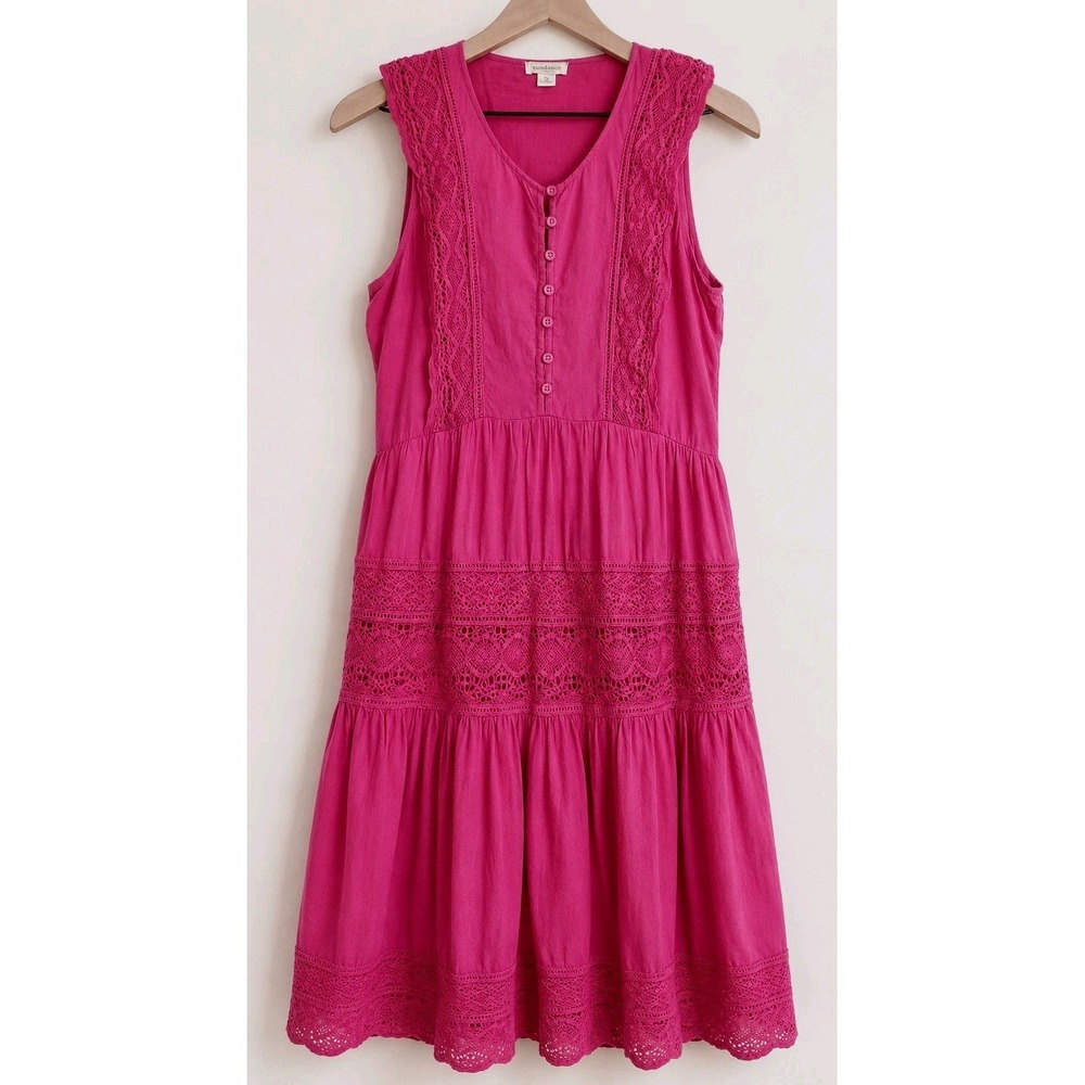 Sundance Crochet Lace Tiered Midi Dress Pink Boho Cottagecore Small